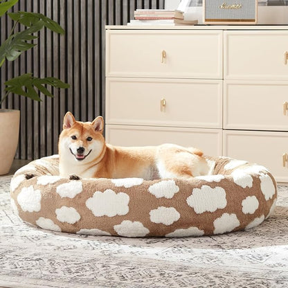 JOEJOY Jacquard Donut Round Dog Beds Medium Sized Dog,Brown 30x30x8in, Removable Washable Cover, Cute Pattern, Ultra Soft Fluffy Calming Pet Bed with Thick Supportive Bolster