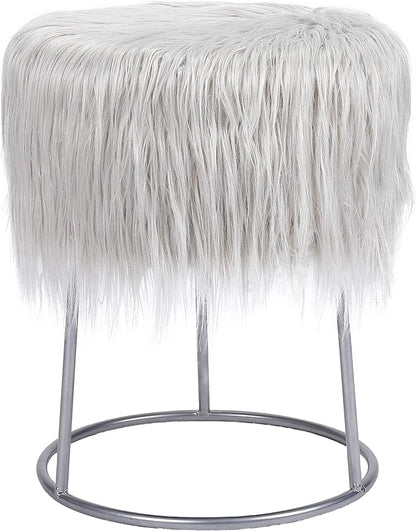 BIRDROCK HOME Round Faux Fur Foot Stool - Small Padded Ottoman with Soft Cushion for Living Room, Bedroom, or MakeUp Room - Modern Upholstered Accent Chair, Vanity Seat, Footrest for Couch/Sofa - Grey