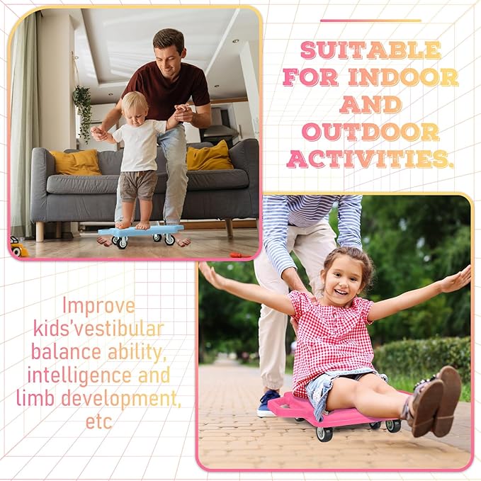 Jerify 4 Pieces Sports Scooter Board with Handles Plastic Casters Floor Sitting Scooter Boards for Kids Children Gym Indoor Outdoor Activities Play Equipment, 11.22 x 11.22 inch