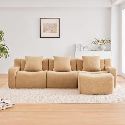 Camel L-Shaped Cloud Couch with 1 Ottoman, Modern Teddy Fabric Boneless Sectional Sofa in a Box, Modular Floor Sofa for Living Room, Deep Seat, No Assembly Required, Sofas para Sala