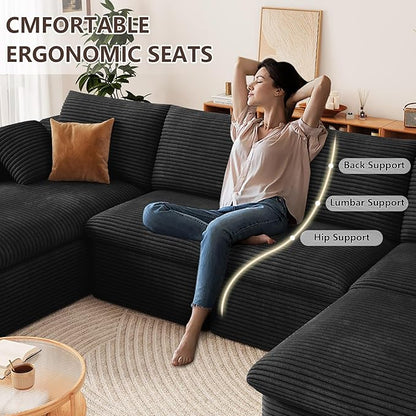 136" Cloud Modular Sectional Sofa with 1 Ottoman, Modern Upholstered Corduroy Couches, Comfort U Shaped Sofa for Living Room, Deep Seat Boneless Couch, No Assembly Required(Black,Left Facing Chaise)