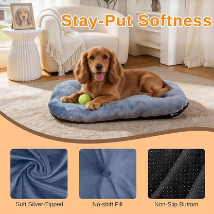 Washable Oval X-Large Dog Bed, Silver-Tipped High-Resilience, Dusty Blue | Non-Slip Bottom Prevents Sliding, Soft Plush Short Fur, Machine Washable, Ideal for Crates/Apartments/Cozy Nooks,41"x27"x3.6"