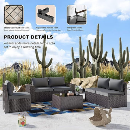 Kullavik Outdoor Patio Furniture Set,12 Pieces Sectional Rattan Sofa Set Brown PE Rattan Wicker Patio Conversation Set with 10 Seat Cushions and 2 Tempered Glass Coffee Table,Grey