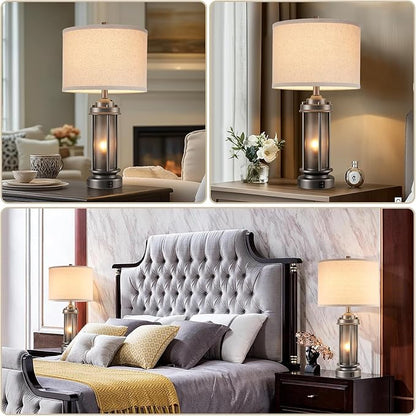 Industrial Metal Table Lamps Set of 2 Living Room Bedroom, 2 USB Ports Bedside Lamp with Glass Nightlight, Modern Desk Lamp for Entryway Office End Table, 4 Bulbs Included
