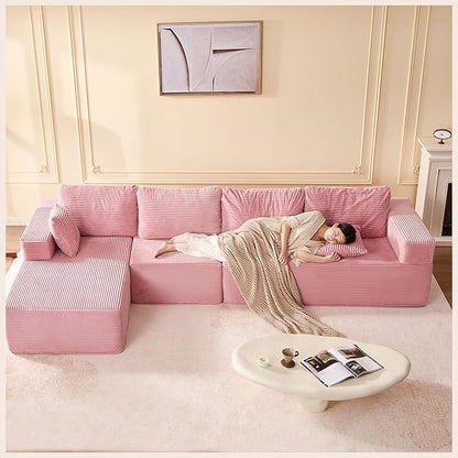 138" Boneless Couch with Deep Seat, Modular Sectional Sofa, Cloud Sectional Couch for Living Room, No Assembly Required, Corduroy, 4 Seater L-Shape Left, Pink