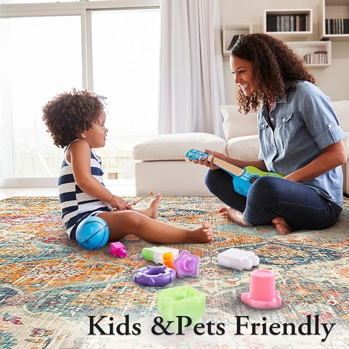 Lahome Moroccan Washable Area Rugs 9x12 Living Room, Soft 9x12 Area Rug for Bedroom, Oriental Non-Slip Non Shedding Throw Large Carpet for Dining Room Office, Cream/Multi