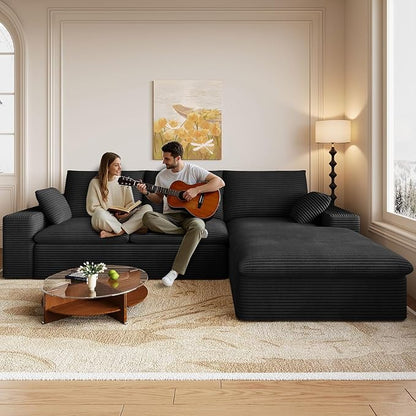 Cloud Sectional Couch,107 Inch Modular Sectional Sofa with Deep Seat, Modern Corduroy Boneless Couches with L-Shape Chaise for Living Room Bedroom, No Assembly Required (Black, Right Facing Chaise)