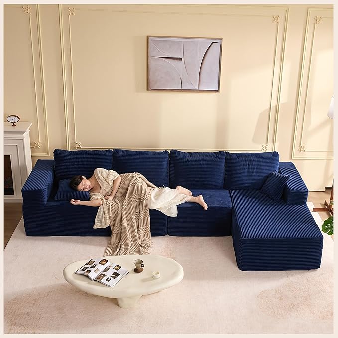 138" Boneless Couch with Deep Seat, Modular Sectional Sofa, Cloud Sectional Couch for Living Room, No Assembly Required, Corduroy, 4 Seater L-Shape Right, Blue