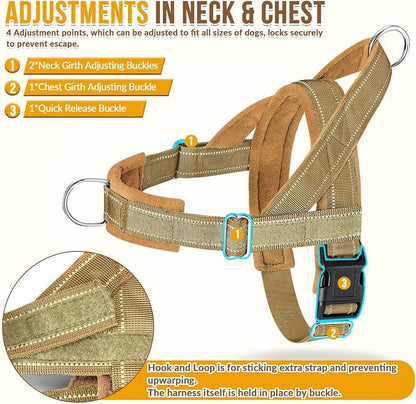 SlowTon No Pull Dog Harness with Front Clip - Heavy Duty, Soft Padded | Neck & Chest Adjustable, Tactical Pet Vest and Leash Set for Large Medium Sized Dogs, for Easy Walk & Training, Tan XL