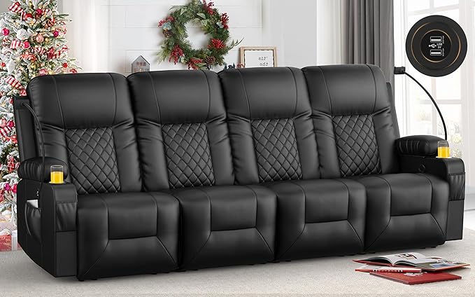 FURNIMAT Oversized Recliner Sofa, 4 Seats Dual Reclining Sofa, PU Leather Loveseat Couch, Modern Recliner Chair for Living Room, with Cup Holder and 2 Cell Phone Holders, USB Ports, Black