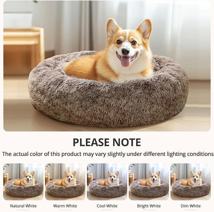 JOLLYVOGUE Calming Dog Bed Medium Size Dog, 31in Donut Washable Medium Pet Bed, Anti-Slip & Anti-Anxiety Fluffy Faux Fur Round Dogs Bed, Fits up to 45 lbs Pets (Smoke Brown)