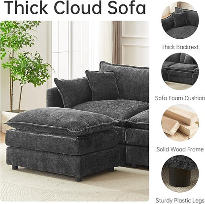 saows Modular Sectional Sofa, 147.2 Inch L Shaped Couch Set with Armrests, 4-Seater Comfy Cloud Couches with Movable Ottoman for Living Room Apartment, Grey