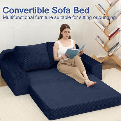 COMAX Convertible Sofa Bed Queen, Folding Floor Couch Corduroy Fold Out Couch Bed Sleeper Mattress with Back Pillows, Boneless Pull Out Loveseat Comfy Futon Lounge for Living Room Bedroom, Navy Blue
