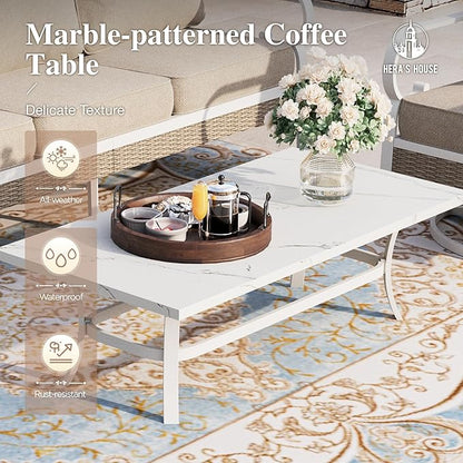 HERA'S HOUSE 4-Piece Patio Furniture Set with Metal & Rattan Design, Includes 2 Fixed Chairs, 3-Seat Sofa & Marble Coffee Table, All-Weather Outdoor Conversation Set for Garden Backyard, Beige