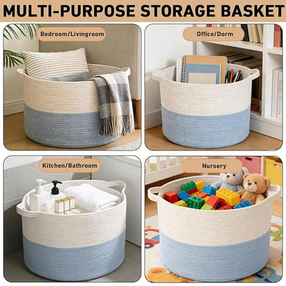 115L Large Blanket Basket,23.6" L x 23.6" W x 15.7" H Rope Woven Baskets with Handles, Toys Storage Bins,Laundry Basket Perfect for Living Room, Nursery,Bedroom,Home Organization,White&Blue