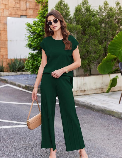Ekouaer Lounge Sets for Women Two Piece Outfits Knit Cap Sleeve Tops Wide Leg Pleated Pants Casual Dressy Sweater Sets