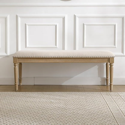 DM Furniture 46'' French Country Entryway Bench Wooden Linen Fabric Upholstered Seat Dinng Bench with Nailhead Trim for Hallway End of Bed, Beige