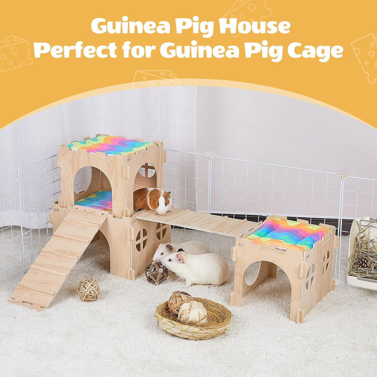 Guinea Pig Hideout, Guinea Pigs House with Stairs and Mats Extra Large Guinea Piggy Castle Detachable Hideouts for Small Animals Wooden Guinea Pig Habitats with Multiple Doors and Windows