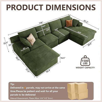 136" Cloud Modular Sectional Sofa with 1 Ottoman, Deep Seat Boneless Couch, Modern Upholstered Corduroy Couches, Comfort U Shaped Sofa for Living Room, No Assembly Required(Green,Right Facing Chaise)