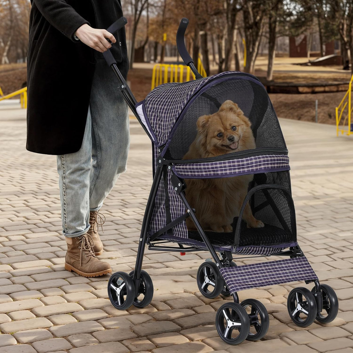Magshion Compact Pet Stroller for Small-Medium Dogs/Cats up to 22lbs, 4-Wheel Lightweight Umbrella Shaped Portable Puppy Travel Jogger with Breathable Mesh & Rear Storage, Plaid