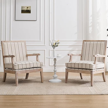 DM Furniture Mid Century Modern Accent Chair Upholstered Living Room Chairs with Armrest Linen Comfy Lounge Armchair Retro Solid Wood Reading Chair for Bedroom, Guest Room, Balcony, Khaki Stripe