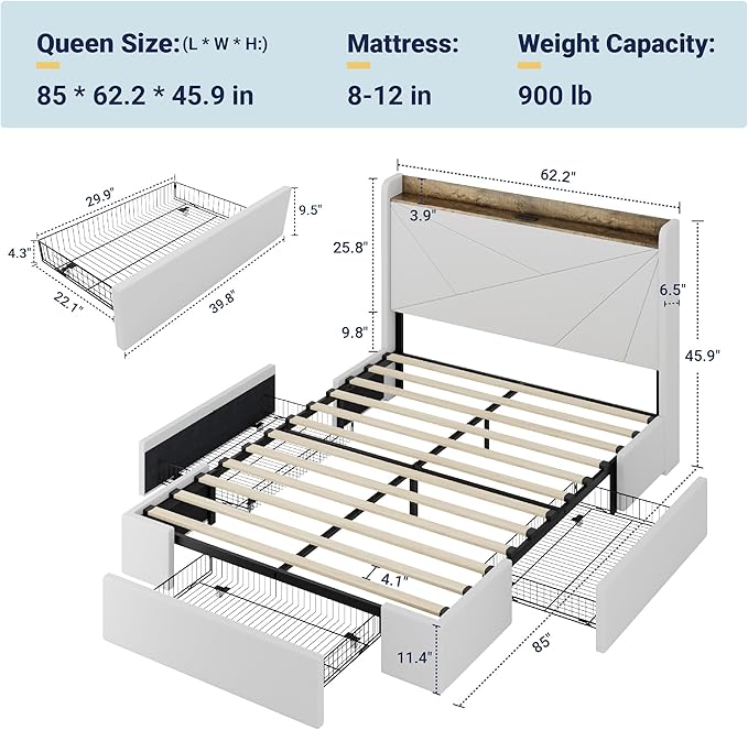 Allewie Queen Size Velvet Bed Frame with 3 Storage Drawers, Upholstered Platform Bed with Wingback Storage Headboard and USB Ports, No Box Spring Needed, Easy Assembly, White
