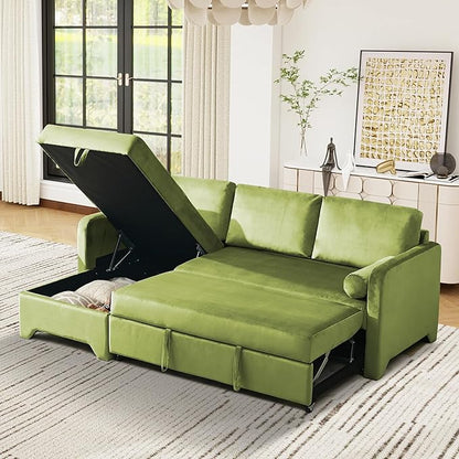 Tbfit 90.6'' 3 in 1 Sleeper Sofa Couch with Storage Chaise, Velvet Sofa Bed with Pull Out Bed, Convertible Sleeper Sofas for Living Room, Small Spaces, Green