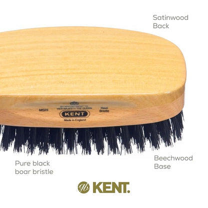 Kent MS23 Finest Men's Rectangular 100% Natural Satinwood & Beechwood Military Hair Brush with Medium Black Bristle for Mens Grooming, Scalp Brush, 360 Wave, and Beard Straightener