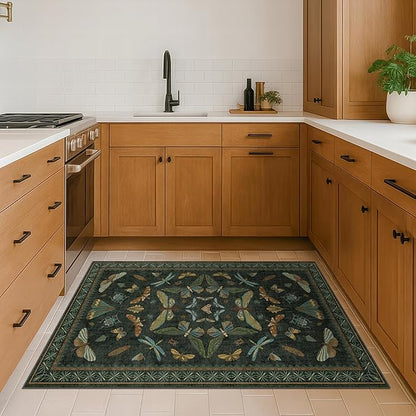 3x4 Unique Entryway Rug - Throw Rug for Large Kitchen, Entry Way, Mudroom, Dark Green and Black Insect Print, Washable Low Pile Floor Carpet