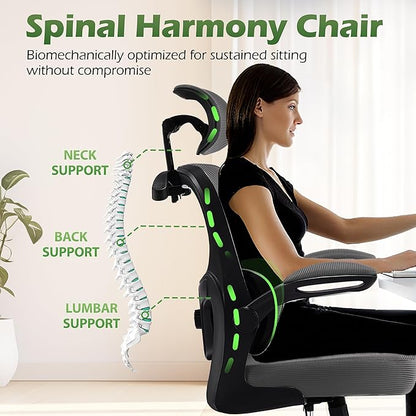 AreShark Office Chair Ergonomic Desk Chairs with Adjustable Lumbar Support& Headrest Hanger, High Back Breathable Mesh Chair with Wheels, Rolling Swivel Comfy Task Computer Chair for Home Work Gaming
