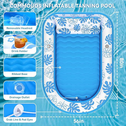 Inflatable Tanning Pool Lounger Float with Cervical Pillow - Pool Floats Adult for Sunbathing, Backyard, Pool Party - Inflate Ball Pit for Babies - Kids Swimming Pool Bed