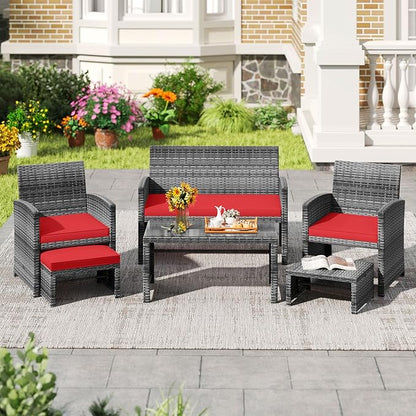 Tangkula 6 Pieces Patio Furniture Set, Outdoor Rattan Conversation Chairs Set with 1 Loveseat, 1 Coffee Table, 2 Armchairs and 2 Ottomans for Garden, Deck, Backyard and Poolside (Red)