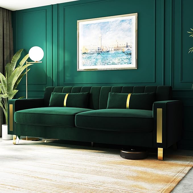 Couch 85.62" 3 Seats Sectional Velvet Fabric Sofa Easy Assemble Sofa Bed with 2 Couch Pillows,Gold Metal Legs for Living Room (P17, Green)