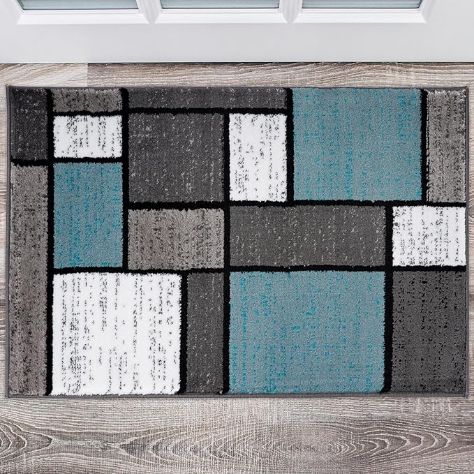 Rugshop Contemporary Modern Boxes for Home Office,Living Room,Bedroom,Kitchen Non Shedding Area Rug 2' x 3' Blue/Gray