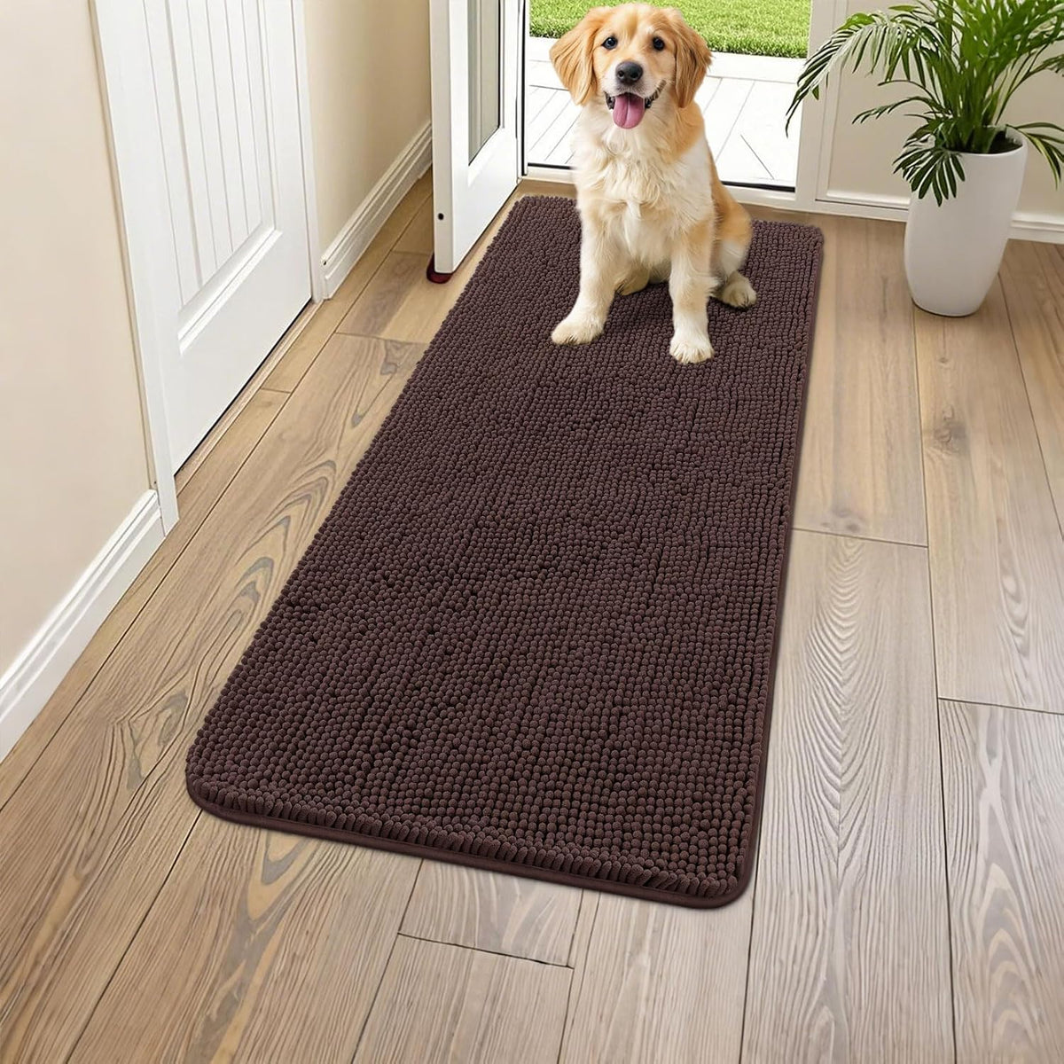 Smiry Dog Door Mat for Muddy Paws 59x24, Absorbs Moisture and Dirt Doormat, Non-Slip Washable Quick Dry Chenille Front Door Mat Indoor Entrance, Entryway Carpet for Inside Floor, Brown