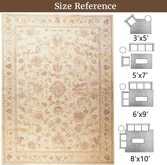 3x5 Soft Washable Area Rugs for Living Room and Bedroom, Non-Slip Stain Resistant Indoor Carpet, Cozy Floor Mat for Dining Room, Office, Stain Resistant Entryway Persian Beige Floral