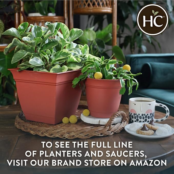 The HC Companies Eclipse Round Planter with Saucer - Outdoor & Indoor Plant Pot with Drainage Holes - Lightweight, UV-Resistant Plastic Pots for Plants, Flowers & Herbs (16" Warm Gray, Pack of 1)
