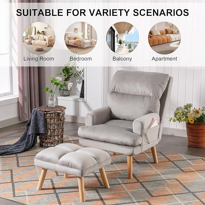 CANMOV Modern Accent Chair with Ottoman, Soft Fabric Armchair with Adjustable Backrest and Side Pockets, Comfy Lounge Chair for Living Room, Bedroom, Apartment, Office, Grey