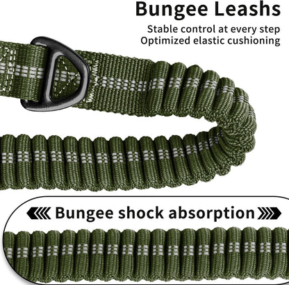 Heavy Duty Tactical Bungee Dog Leash, 4-6FT Shock Absorbing Tactical Dog Leash with 2 Padded Handles, Metal Carabiner Clip, Car Seatbelt, Reflective for Medium Large Dogs (ArmyGreen)
