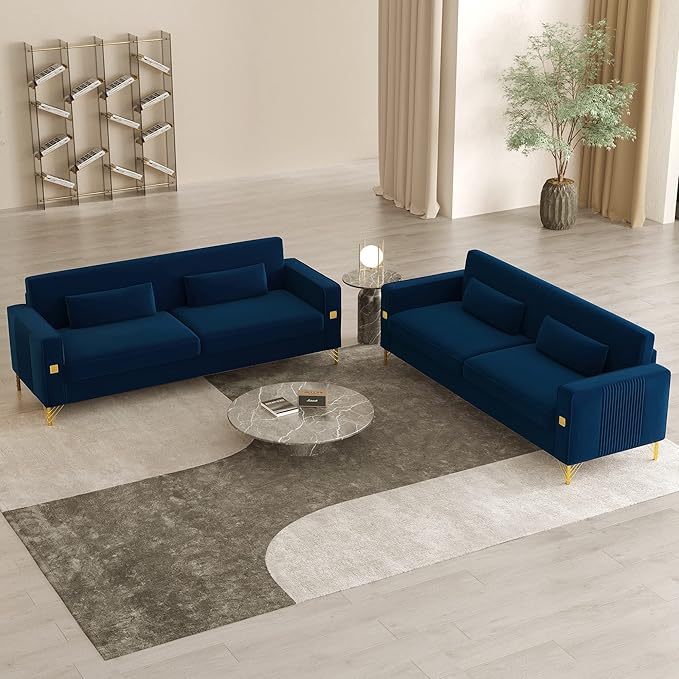 2PCS 85.63" Blue Velvet Sofa,Modern Loveseat Couch with Pillows Set of 2 for Living Room,Bedroom,Apartment Furniture with Gold Metal Legs