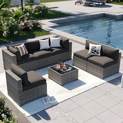 Aoxun Patio Furniture Sets, 7-Piece Outdoor Patio Furniture with Thick Cushions, Wicker Outdoor Conversation Set Sectional Sofa for Backyard, Poolside, Garden