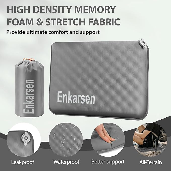 Inflatable Seat Cushion, Self-Inflating Memory Foam Airplane Seat Cushion Portable Camping Sitting Pad for Travel Stadium Car Bleachers Outdoors Office,Lightweight,Supports Back Comfort (Grey)