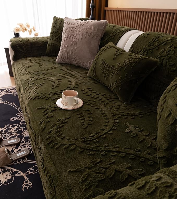 Green Fuzzy Rabbit Plush Sofa Cover Cozy Warm Sofa Couch Covers with 3D Jacquard Leaf Pattern Non-Slip Easy-to-Install Shaggy Sofa Slipcover Prefect for Kids Dogs Cats Cats(Green,36"x102")