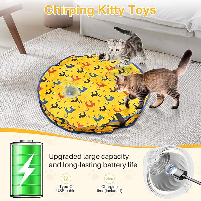 Interactive Cat Toys for Indoor Cats, Automatic Motion Cat Toy in Pouch Fast Rolling Ball in Play Mat Hide and Seek Mouse Catching Game with Chirping Stimulation,Led Light,Auto On/Off(Yellow)
