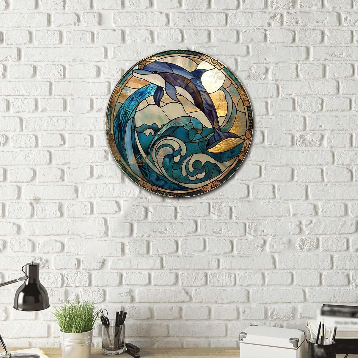 Lygond Metal Sign Tin Sign Circular Stained Glass Dolphin Wall Art for Restaurant 8×8 Inches