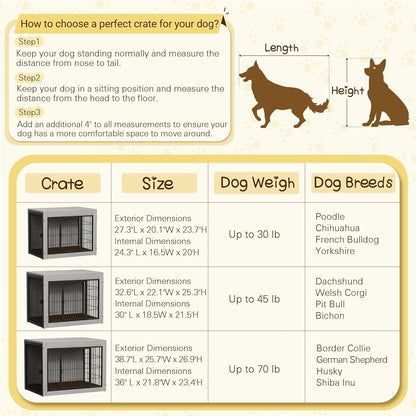 Bigrab Dog Crate Furinture with Thick Cushion, Side End Table Wooden Dog Cage with Double Doors, Chew-Resistant Dog Kennel Dog House Indoor for Small to Large Dog, L (Grey)