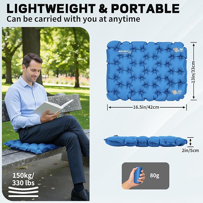 EULANT Inflatable Seat Cushion Lightweight Compact Stadium Seat Pad Camping Travel Air Seat Cushion for Airplane Hiking Bleachers Office Home Sports Events(Blue)