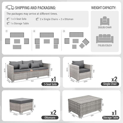 WAROOM Patio Furniture Set 6 Piece Outdoor Patio Set Grey Wicker Balcony Furniture Conversation Sets PE Rattan Couch Sofa with Coffee Table, Grey Cushion