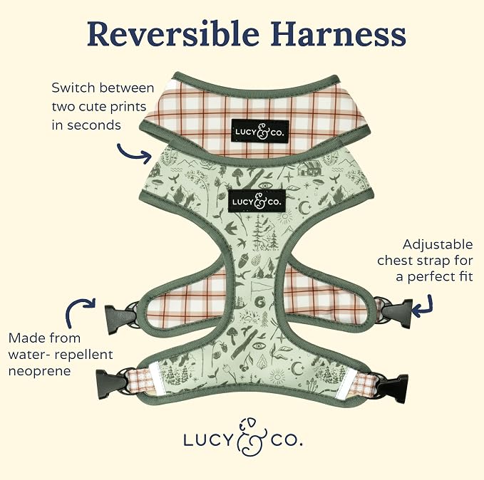 Lucy & Co. Reversible Dog Harness - Water-Repellent Neoprene, Dual-Print Design, Easy Swap Style, Adjustable Comfort Fit - Camp Out Reversible Harness - X-Small