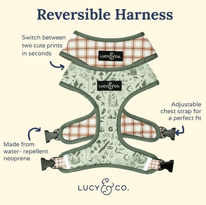 Lucy & Co. Reversible Dog Harness - Water-Repellent Neoprene, Dual-Print Design, Easy Swap Style, Adjustable Comfort Fit - Camp Out Reversible Harness - X-Small